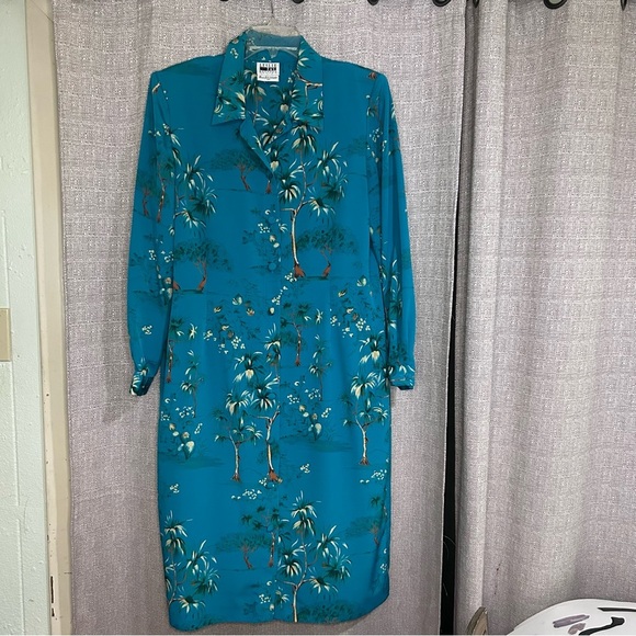 Vintage Leslie Fay Tropical Palm Tree Print Long Sleeve Shirt Dress Duster 16P - Picture 3 of 13